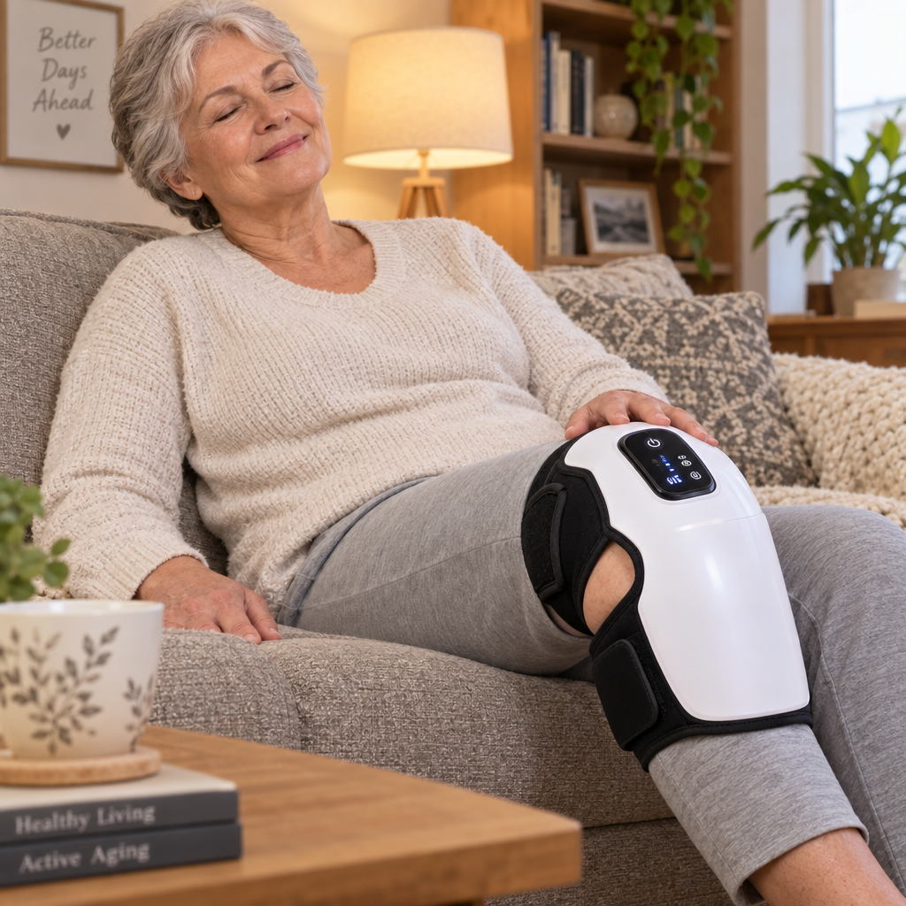 Persona usando masajeador de rodilla en casa